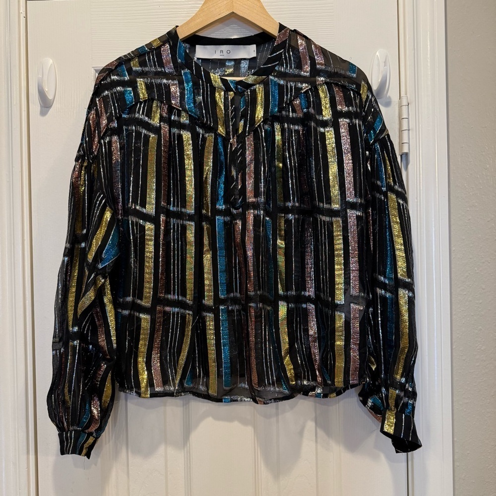 Iro Clari Metallic Silk Blouse Women’s 2 Black Colorful Sheer Chiffon Glam Luxe